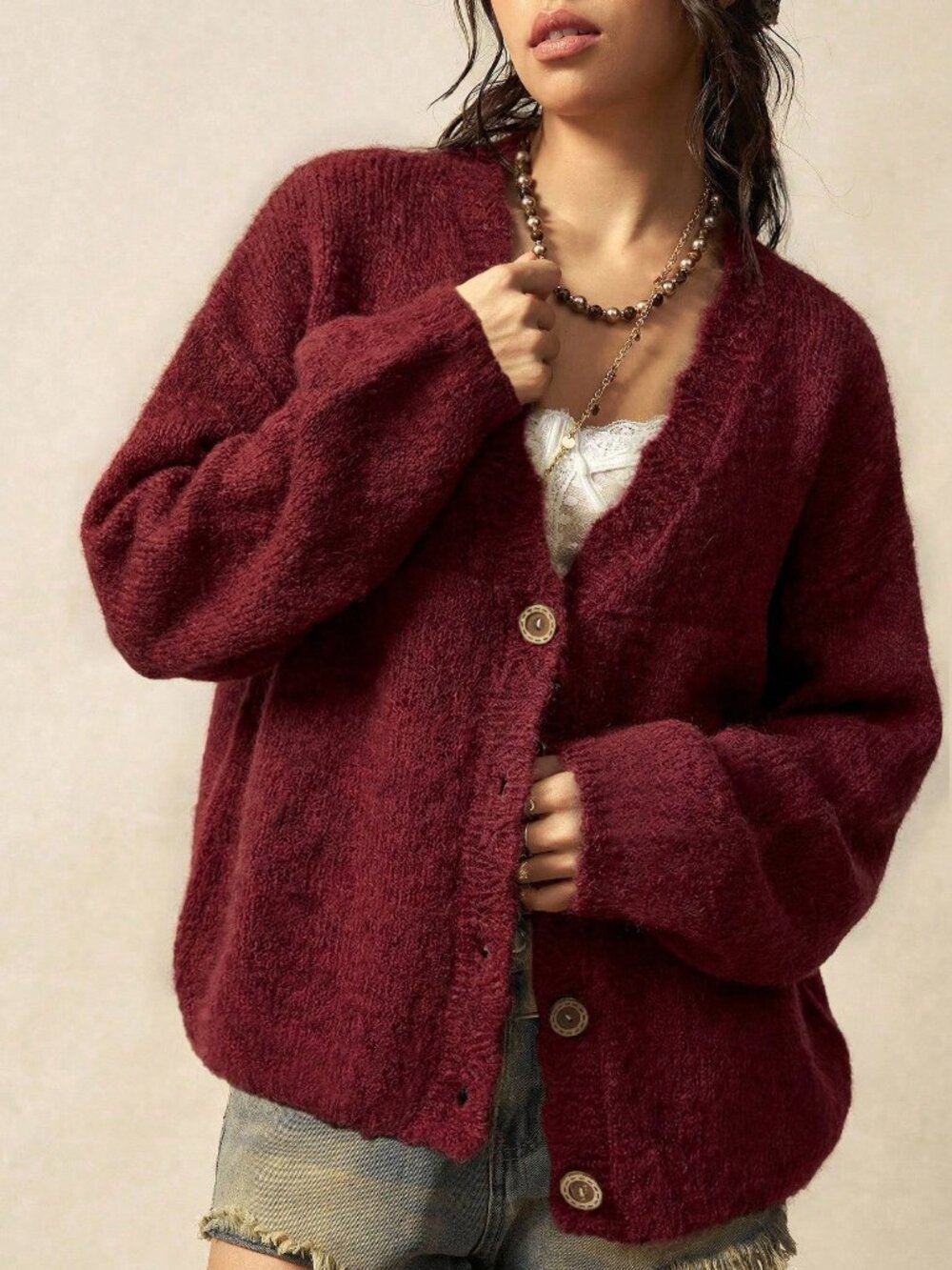 Burgundy Casual Women's Loose Front Button Long Sleeve Knit Cardigan - Picture 7 of 8